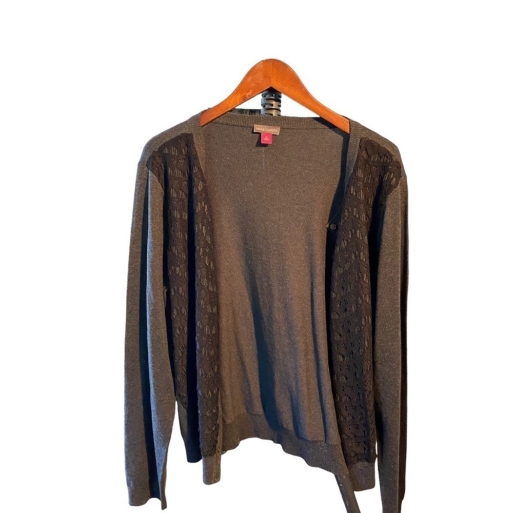 Vince Camuto Black Gray Knit Lace Button up Cotton Cardigan Soft Classic sweater - Picture 4 of 6